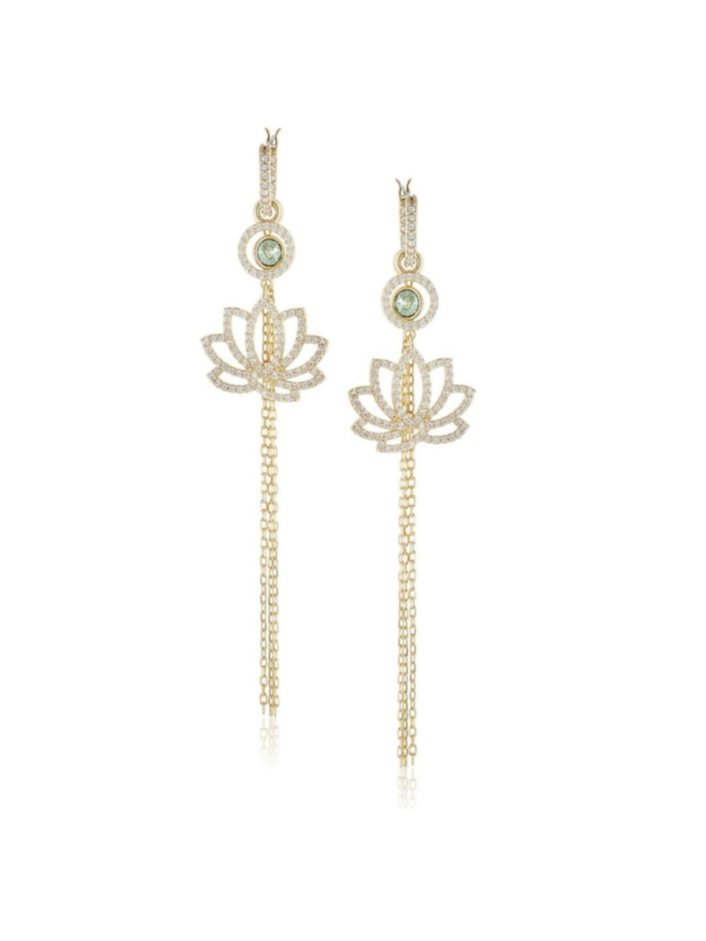 New Lotus Dangle Flower Crystal Earrings with Green Accent, Removable Charms